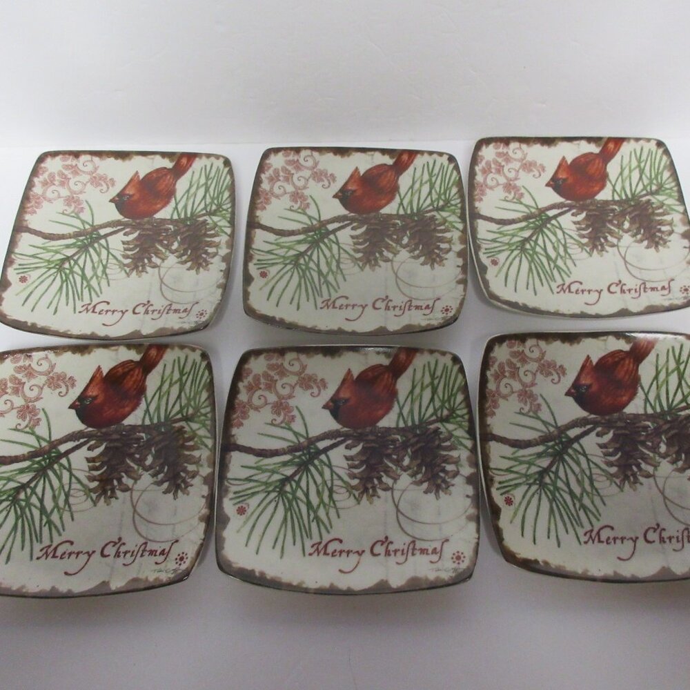 Carson SET OF 6-MERRY CHRISTMAS Cardinal on branch Dessert Salad Plates 6.5"